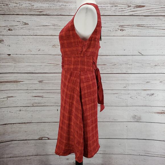 Anthropologie New Girl From Savoy Red Goji Plaid Cut Out Silk Dress Size 6 - Picture 3 of 16